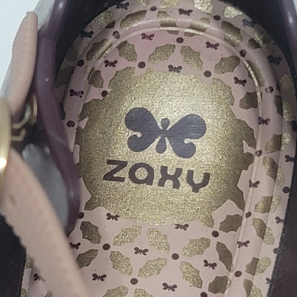 Zaxy Plum Colored Mary Jane Jelly Flats With Gold/light Pink Bows Sz7 - Picture 6 of 12